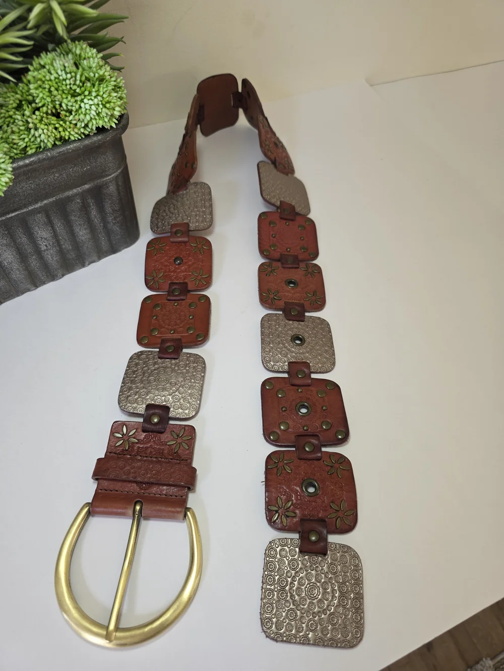 Vintage Fossil Genuine Leather Wide Patchwork Embellished Belt Brass Buckle